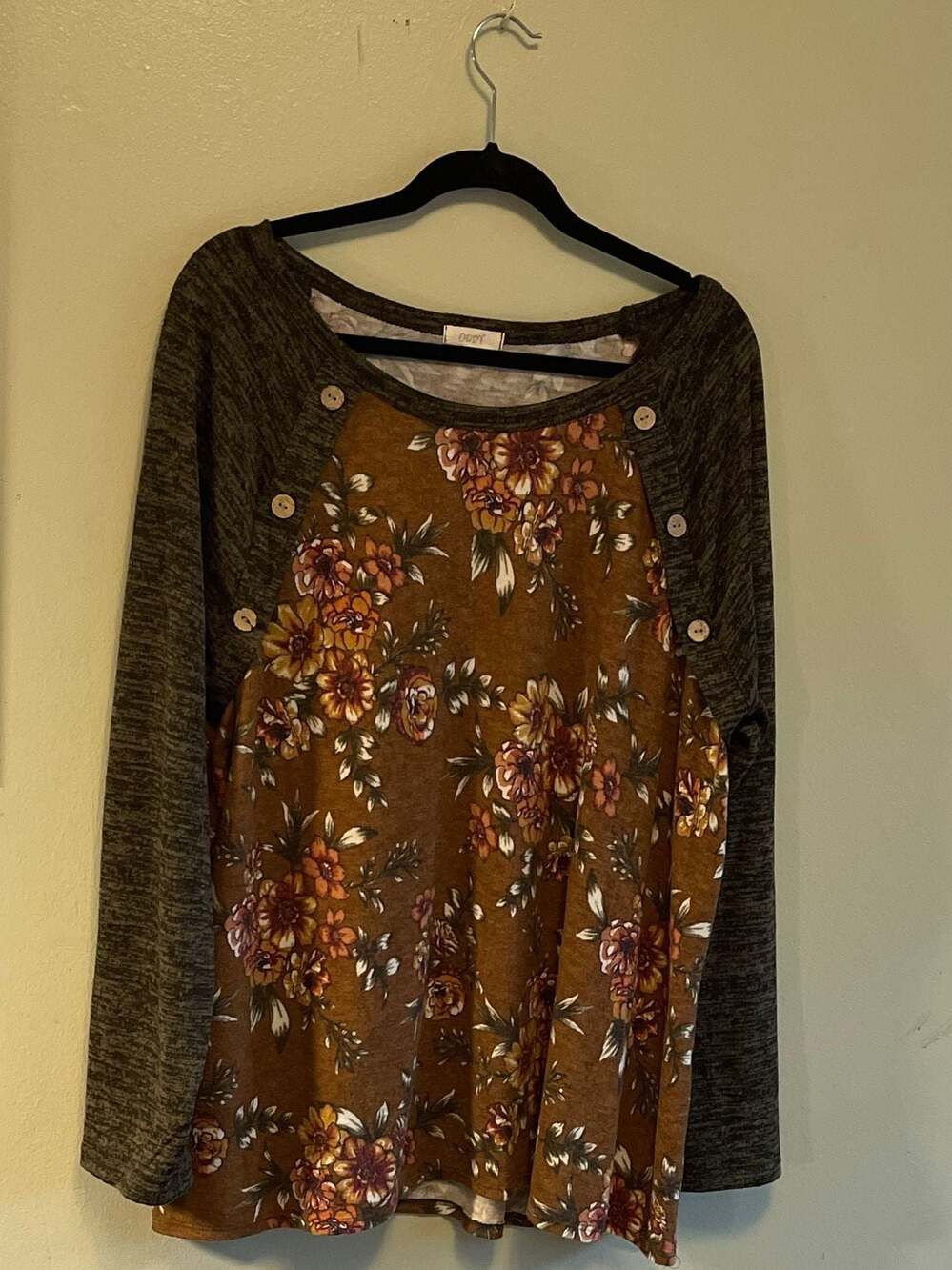Oddi Floral Mixed Print Raglan Tunic with Elbow Patches Buttons, Sz.3X